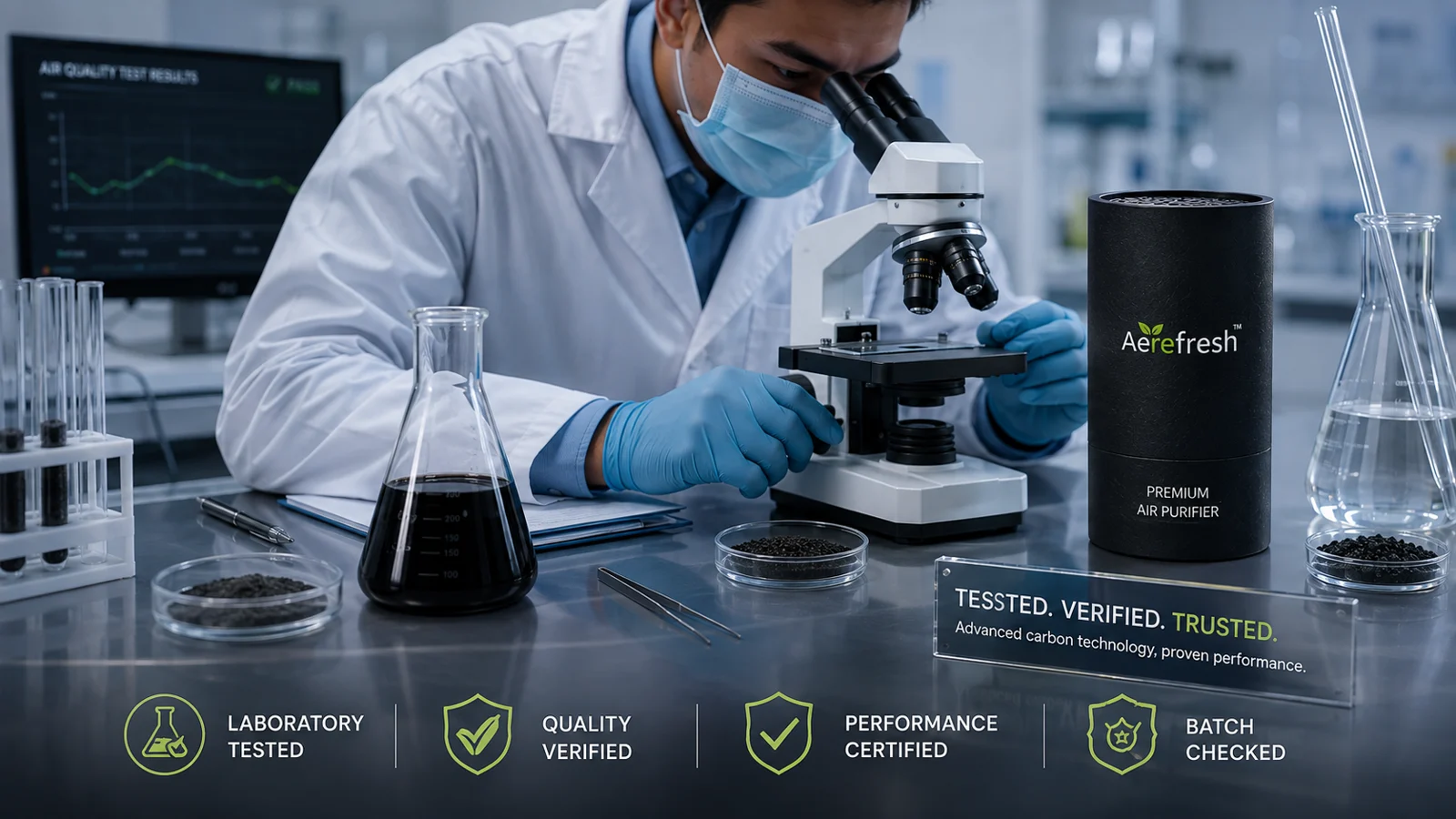 Aerefresh carbon being examined in a laboratory